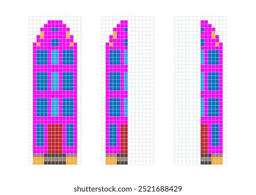 activity page: finish drawing scandinavian house  mirrored pixels the left,right  side, vector set