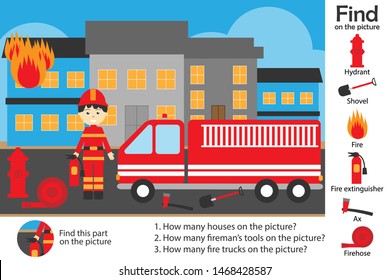 Activity page, fire and fireman in cartoon style, find images and answer the questions, visual education game for the development of children, kids preschool activity, worksheet, vector illustration