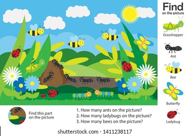 Activity page, glade picture in cartoon style, find images and answer the questions, visual education game for the development of children, kids preschool activity, worksheet, vector illustration