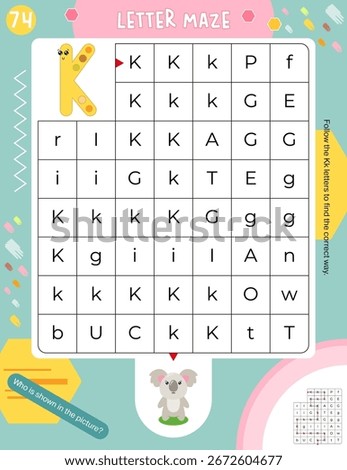 Activity Page for Kids Activity Book. Printable Sheet with learning Activities – letter maze. Follow letter K to find correct way to koala. Vector illustration. Puzzle with answer.