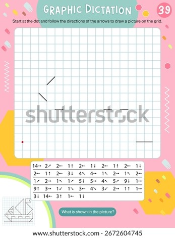 Activity Page for Kids Activity Book. Printable Sheet with Graphic dictation – draw picture using number key to make yacht. Vector illustration. Puzzle with answer.