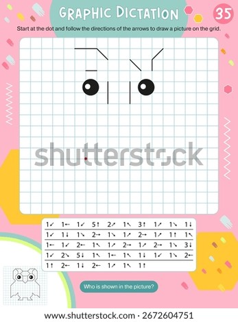 Activity Page for Kids Activity Book. Printable Sheet with Graphic dictation – draw picture using number key to make owl. Vector illustration. Puzzle with answer.