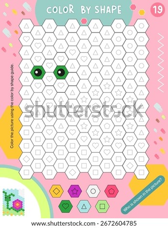 Activity Page for Kids Activity Book. Printable Sheet with Coloring Activities – color grid using shape key to make snail. Vector illustration. Puzzle with answer.