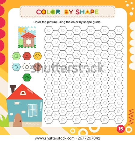 Activity Page for Kids Activity Book. Printable Sheet with Coloring Activities – color grid using shape key to make house. Vector illustration. Puzzle with answer. Square format