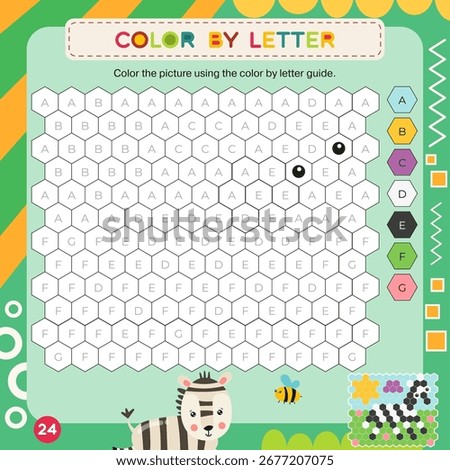 Activity Page for Kids Activity Book. Printable Sheet with Coloring Activities – color grid using letter key to make zebra. Vector illustration. Puzzle with answer. Square format