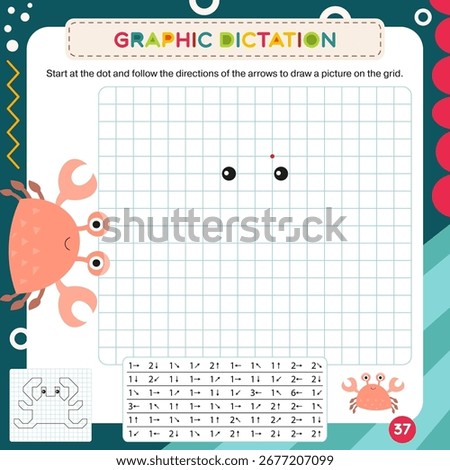Activity Page for Kids Activity Book. Printable Sheet with Graphic dictation – draw picture using number key to make crab. Vector illustration. Puzzle with answer. Square format