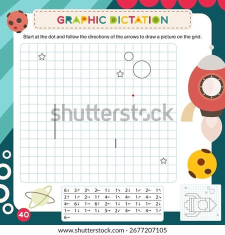 Activity Page for Kids Activity Book. Printable Sheet with Graphic dictation – draw picture using number key to make space rocket. Vector illustration. Puzzle with answer. Square format
