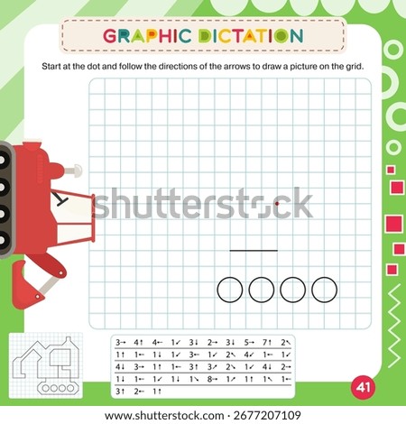 Activity Page for Kids Activity Book. Printable Sheet with Graphic dictation – draw picture using number key to make excavator. Vector illustration. Puzzle with answer. Square format