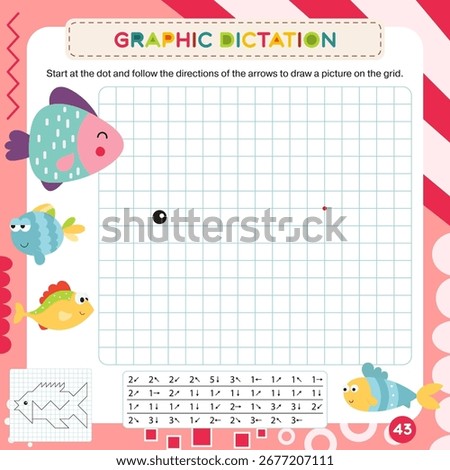 Activity Page for Kids Activity Book. Printable Sheet with Graphic dictation – draw picture using number key to make fish. Vector illustration. Puzzle with answer. Square format