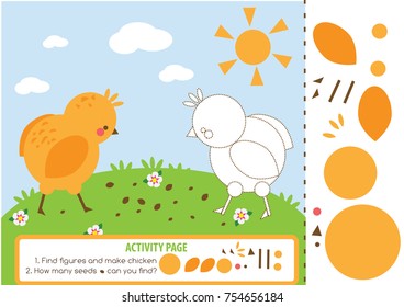 Activity page for kids with chicken. Educational children game. Counting and cutting. Learning shapes and mathematics for toddlers and pre school age