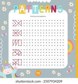 Activity page for kids – continue pattern. Preschool printable game for Activity book Unicorns. Vector illustration. Square format. Game to boost handwriting skill.