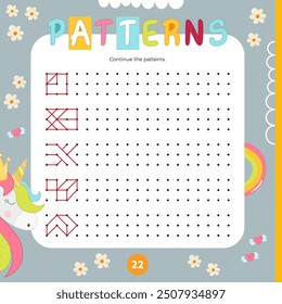 Activity page for kids – continue pattern. Preschool printable game for Activity book Unicorns. Vector illustration. Square format. Game to boost handwriting skill.