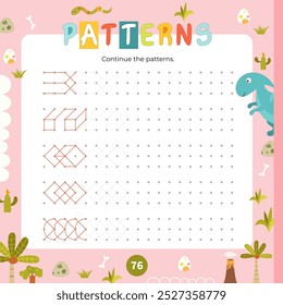 Activity page for kids – continue pattern. Preschool printable game for Activity book Dinosaurs. Vector illustration. Square format. Game to boost handwriting skill.