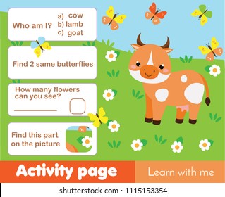Activity page for kids with cow. Educational children game farm animals theme