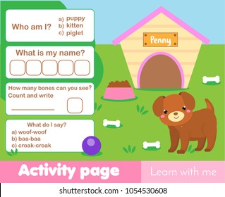 Activity page for kids with cute puppy. Educational children game. Worksheet test. Words and numbers, counting for toddlers and pre school age