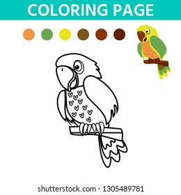 Activity page for kids with easy educational gaming level. Coloring book with a contour and color example. Parrot.   Vector illustration