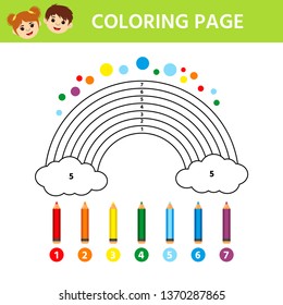 Activity page for kids with easy educational gaming level. Coloring book with a contour and color example. Rainbow. Vector illustration
