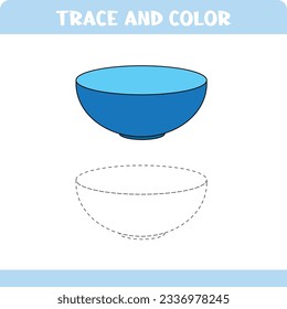 Activity page for kids education. Trace and color worksheet for kids. Tracing objects. Color page. Bowl