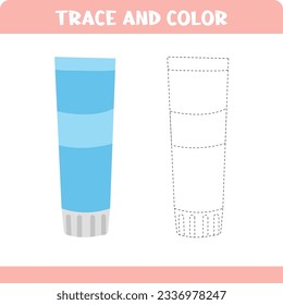 Activity page for kids education. Trace and color worksheet for kids. Tracing objects. Color page. Cream tube