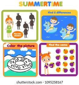 Activity page for kids. Educational children game. Summer holidays theme