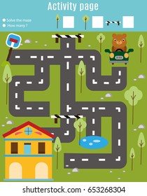 Activity page for kids. Educational game. Maze and find objects theme. Help bear go through the labyrinth and find home. Fun for preschool years children