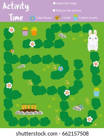 Activity page for kids. Educational game. Maze and find objects. Animals theme. Help rabbit go through the labyrinth and find carrots. Fun for preschool years children