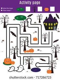 Activity page for kids. Educational game. Maze and find objects. Halloween theme. Help ghosts go through the labyrinth