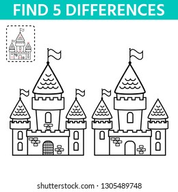 Activity page for kids. Find the difference the two castle. Children funny riddle entertainment. Game tasks for attention