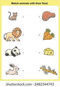 Activity page for kids. Match animals with their food. lion to eat meat, mouse to eat cheese, panda to eat bamboo. rabbit to eat carrot. Fun for preschool years children. Game worksheet.