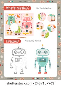 Activity Page for Kids. Printable Activity worksheet with Robot Activities – find missing piece, drawing. Vector illustration.