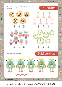 Activity Page for Kids. Printable Activity worksheet with Robot Math Activities – counting game, logic game. Vector illustration.