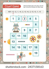 Activity Page for Kids. Printable Activity worksheet with Robot Math Activities – counting game. Vector illustration.