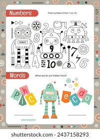 Página de actividades para niños. Hoja de trabajo de actividad imprimible con actividades matemáticas de robots - buscar números, palabras ocultas. Ilustración vectorial.