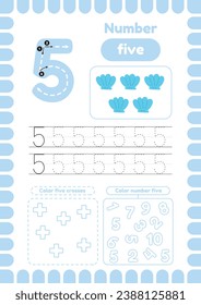 Activity page with many exercises for kids, coloring figures. Trace number five. Handwriting practice.  