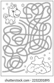 Activity page, maze game with cute unicorn. Kids riddle education worksheet. 