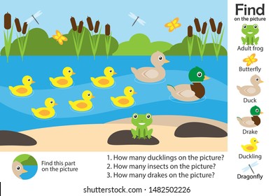 Activity page, pond with ducks in cartoon style, find images and answer the questions, visual education game for the development of children, kids preschool activity, worksheet, vector illustration