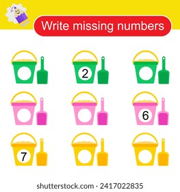 Activity page for preschoolers. Baby bucket with spatula. 