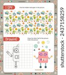 Activity Page with Robots. Printable Activity worksheet with Robot Activities – I spy, Drawing. Vector illustration.