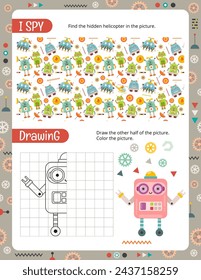 Activity Page with Robots. Printable Activity worksheet with Robot Activities – I spy, Drawing. Vector illustration.