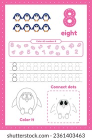 Activity page for toddlers. Educational worksheet with many exercises. Trace, color, dot to dot on one page. Learning number 8.
