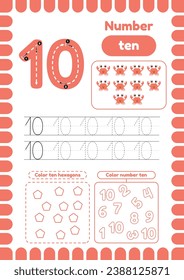 Activity page with Trace number ten.  Many exercises for kids, coloring figures