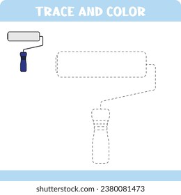 Activity page with tracing practice. Trace and color paint roller for toddlers. Educational worksheet for kids.