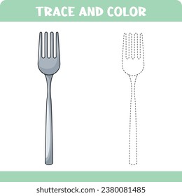 Activity page with tracing practice. Trace and color fork for preschool kids. Educational worksheet for kids.