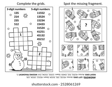 Activity page with two games. Language-independent fill-in crossword puzzle with 3- and 5-digit numbers. Spot the missing fragment of pattern with mittens. Black and white. Answers included.
