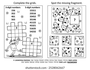 Activity page with two games. Language-independent fill-in crossword puzzle with 3- and 5-digit numbers. Spot the missing fragment of pattern with butterflies. Black and white. Answers included.
