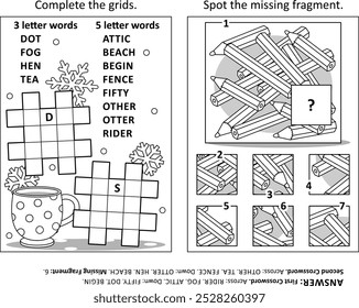 Activity page with two puzzles. Black and white, printable. Answers included.
