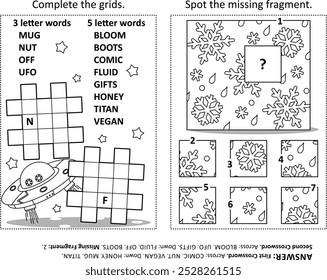 Activity page with two puzzles. Black and white, printable. Answers included.
