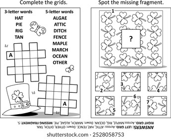 Activity page with two puzzles. Fill-in crossword puzzle. Spot the missing fragment. St. Patrick's Day holiday motives. Black and white. Answers included.
