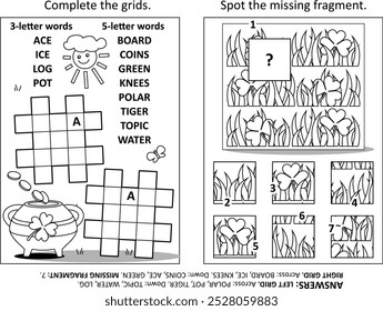 Activity page with two puzzles. Fill-in crossword puzzle. Spot the missing fragment. St. Patrick's Day holiday motives. Black and white. Answers included.
