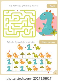 Activity Pages for Kids book. Printable Activity Sheet with dinosaurs Activities –  maze, find the way. Vector illustration.
